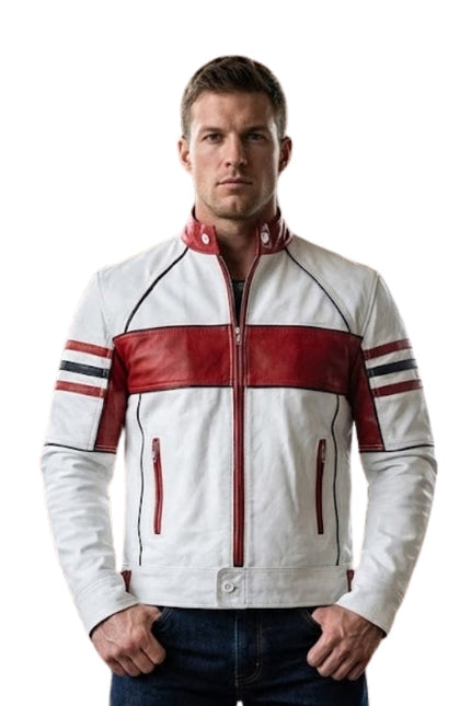 Man wearing a white and red jacket with stripes on a white background