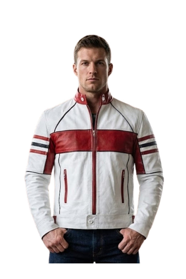 Man wearing a white and red jacket with stripes on a white background