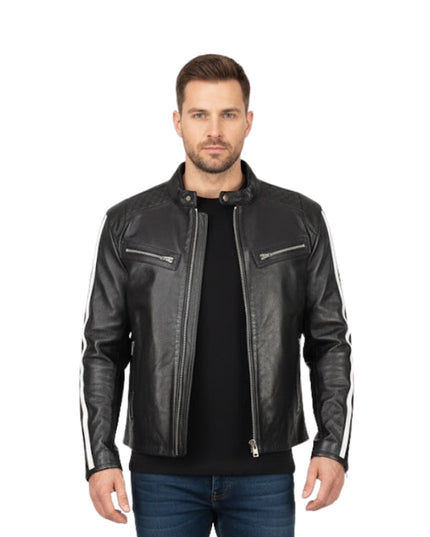 Man wearing a black leather jacket with white stripes on sleeves against a white background