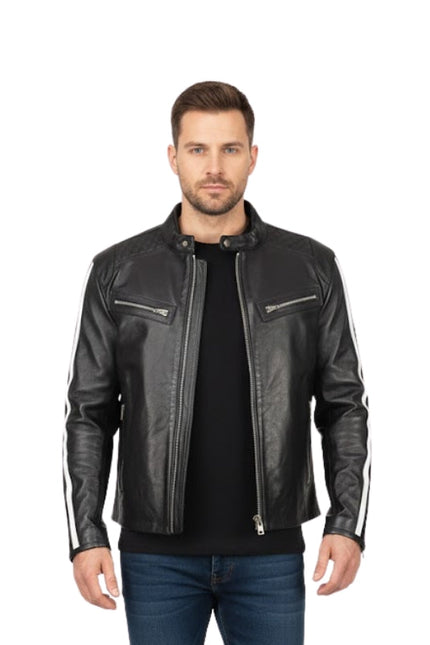 Man wearing a black leather jacket with white stripes on sleeves against a white background