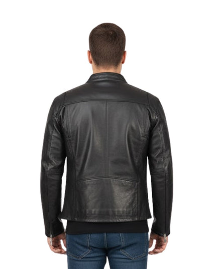 Man wearing a black leather jacket on a white background