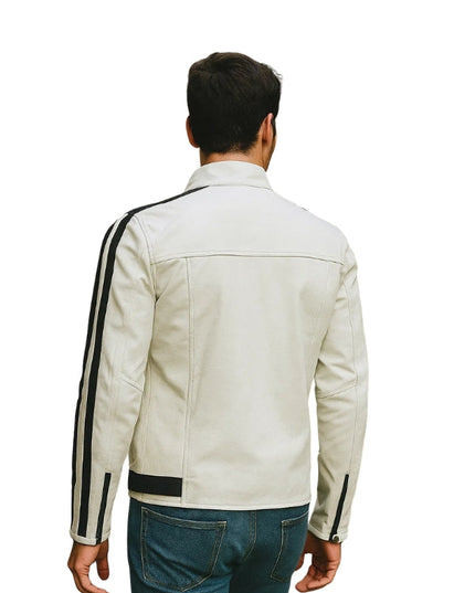 Men's White Stripes Biker Leather Jacket