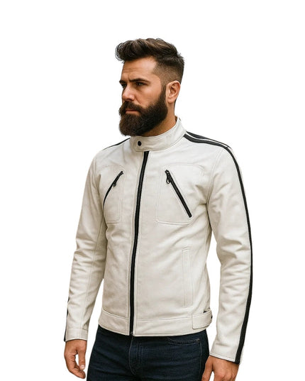 Men's White Stripes Biker Leather Jacket