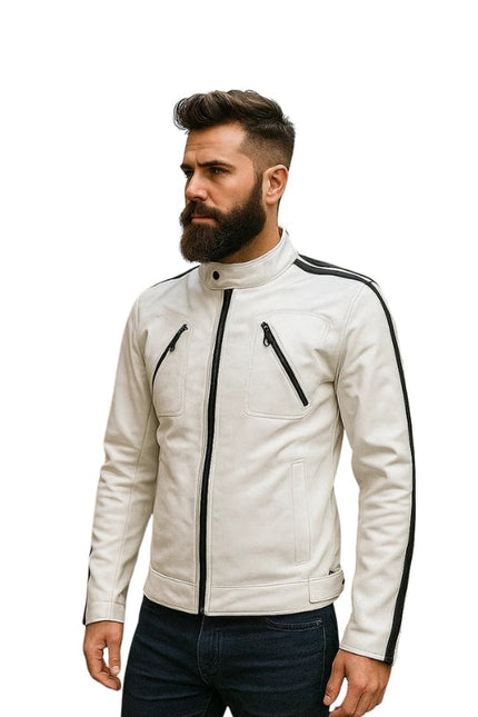 Men's White Stripes Biker Leather Jacket