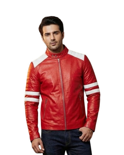 Man wearing a red leather jacket with white stripes on a white background