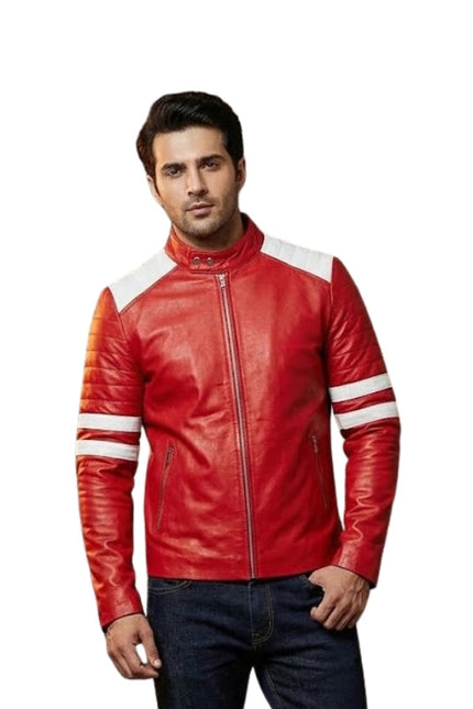 Man wearing a red leather jacket with white stripes on a white background