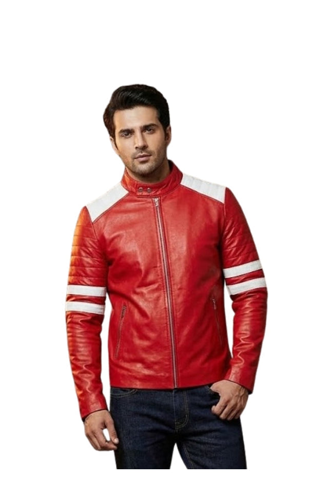 Man wearing a red leather jacket with white stripes on a white background