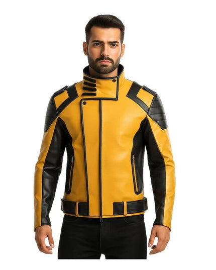 Man wearing a yellow and black leather jacket on a white background