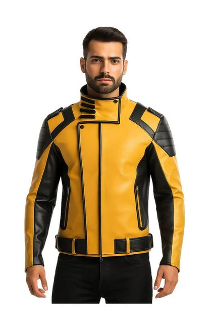 Man wearing a yellow and black leather jacket on a white background