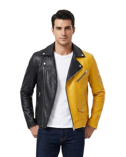 Men's Yellow & Black Cowhide Leather Biker Jacket