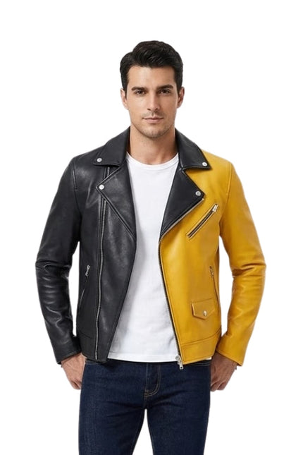 Men's Yellow & Black Cowhide Leather Biker Jacket