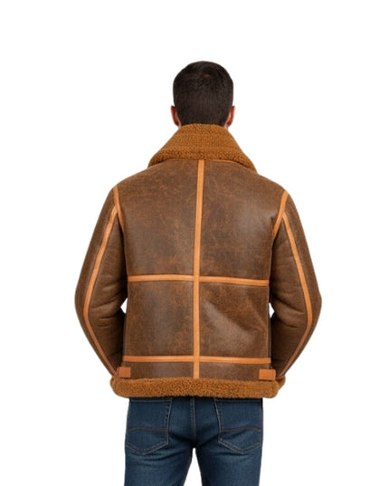 Mens Aviator Distressed Sheepskin Shearling Brown Leather Jacket