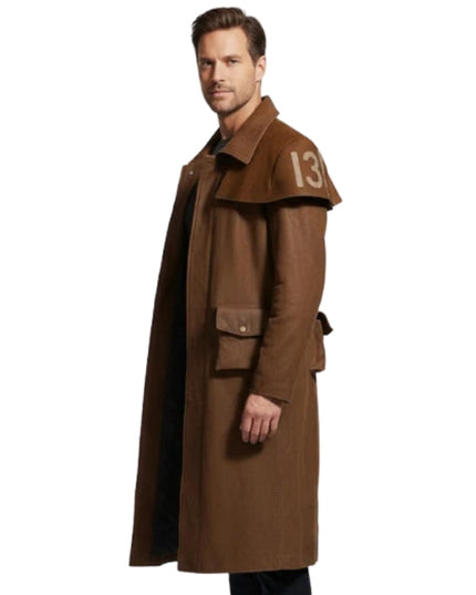 Man wearing a brown trench coat with the number 13 on a white background