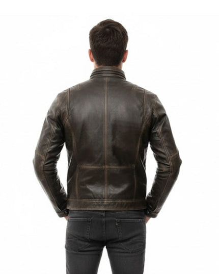 Mens Cafe Racer Distressed Brown Leather Jacket