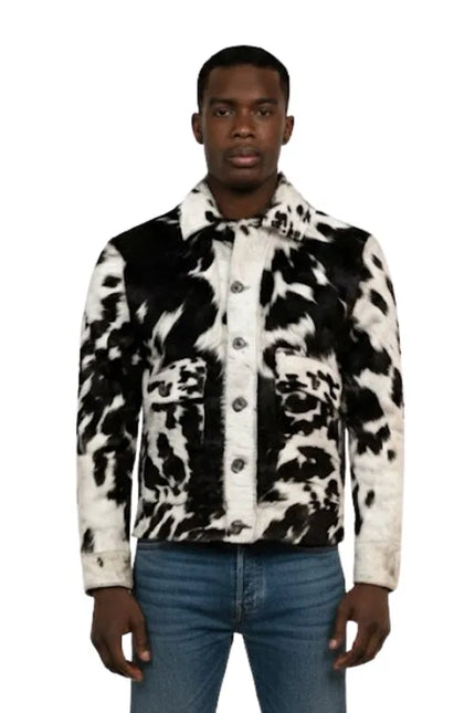 Men's cow print real hair fur jacket with stylish winter design