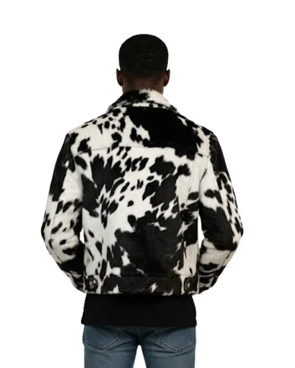 Men's cowhide fur jacket with real hair on cow print, perfect for winter
