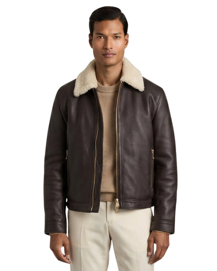 Men's Shearling Collar Black Bomber Jacket