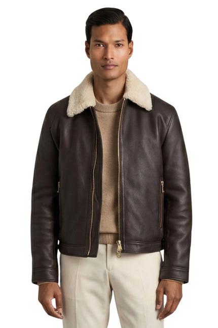 Men's Shearling Collar Black Bomber Jacket
