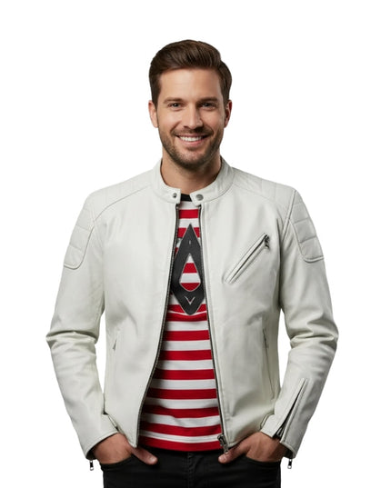 Men's White Leather Biker Jacket