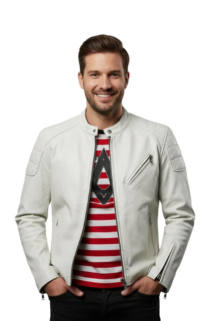 Men's White Leather Biker Jacket