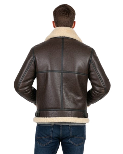 Brown leather jacket with white fur lining on a white background