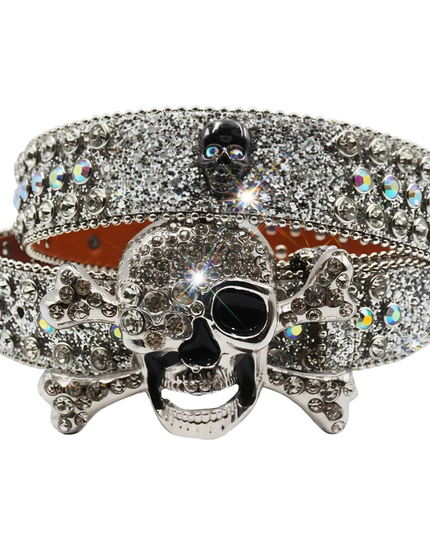 Metal Skull Buckle Silver Rhinestone Belt