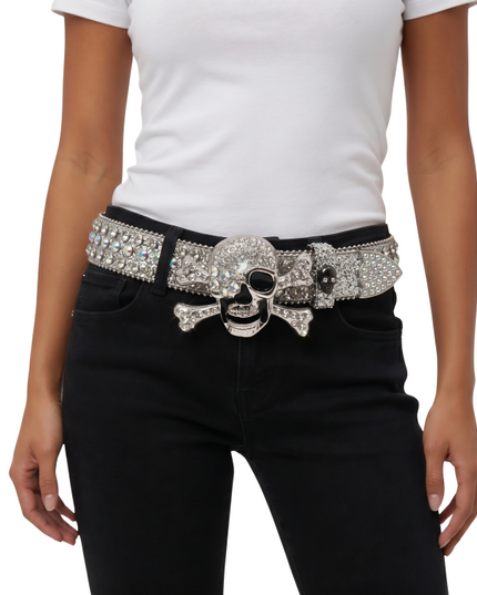 Metal Skull Buckle Silver Rhinestone Belt Live