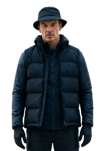 Man wearing a dark blue puffer jacket, hat, and gloves on a white background