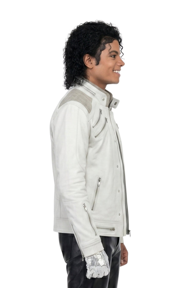 Michael Jackson Beat It Inspired White Leather Jacket