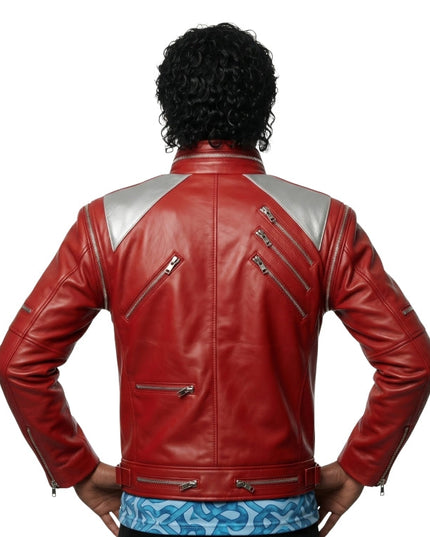 Red leather jacket with silver zippers on a white background