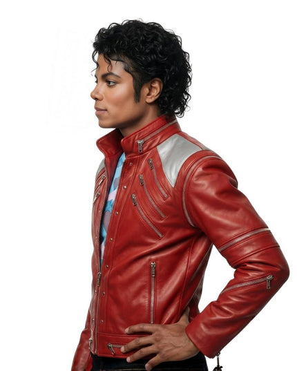 Person wearing a red leather jacket on a white background