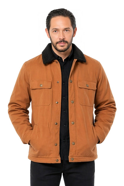 Man wearing a brown jacket with black collar on a white background