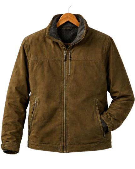 Brown jacket on a hanger against a white background