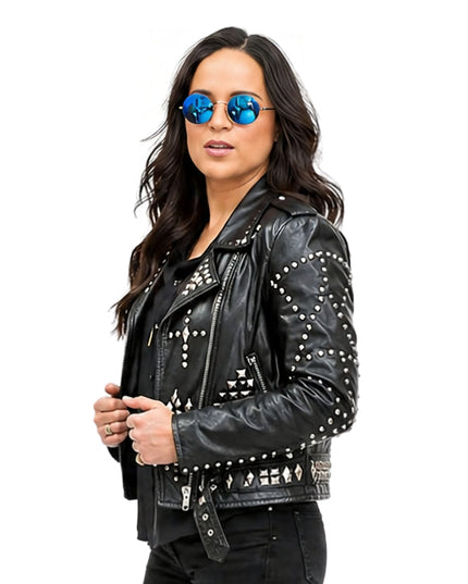 Person wearing a black biker jacket 