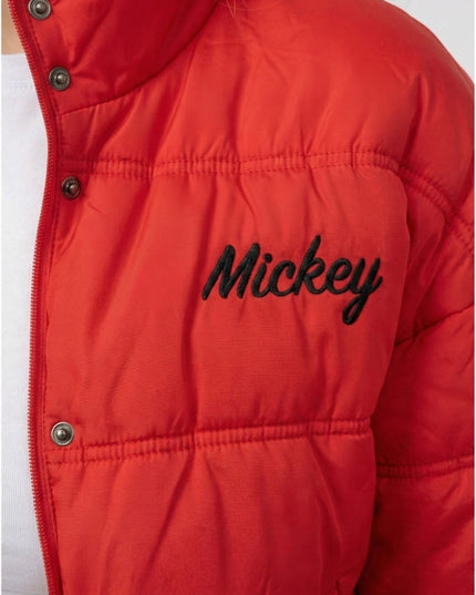 Red jacket with 'Mickey' embroidery on a white background