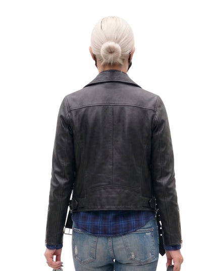 Person wearing a black leather jacket on a white background