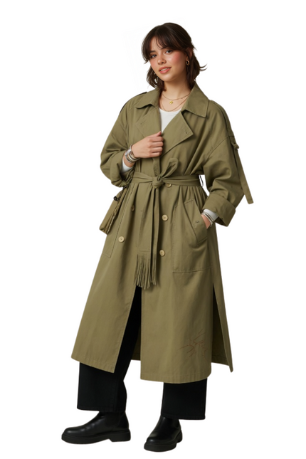 Modern Side-Slit Olive Green Overcoat