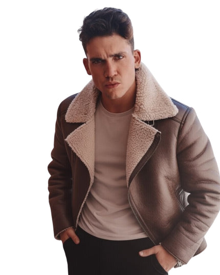 Man wearing a brown leather jacket with a white background