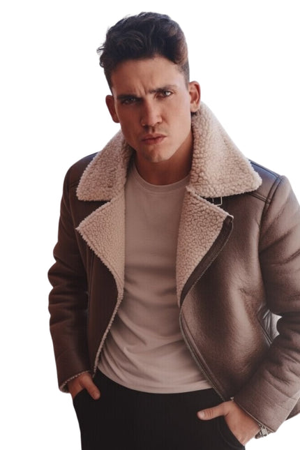 Man wearing a brown leather jacket with a white background