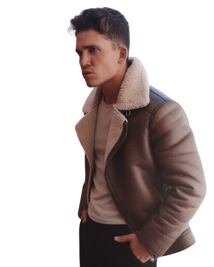 Man wearing a brown shearling jacket on a white background