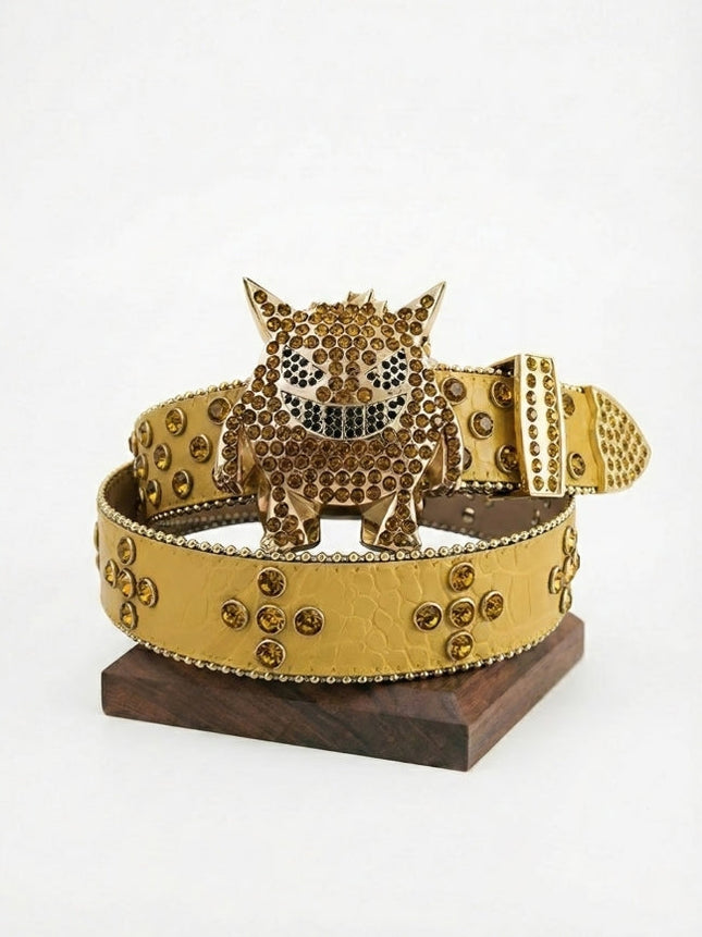 Gold belt with rhinestone tiger design on a wooden stand against a white background