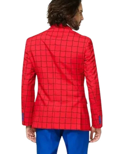 Red checkered blazer worn by a person on a white background