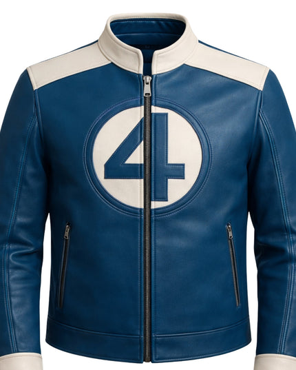 Blue leather jacket with a large number 4 on a white background