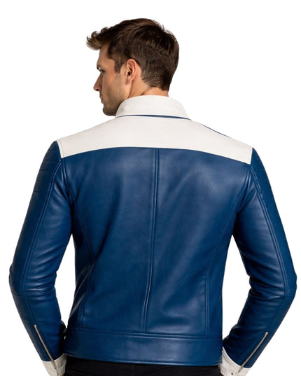 Man wearing a blue leather jacket with white accents on a white background