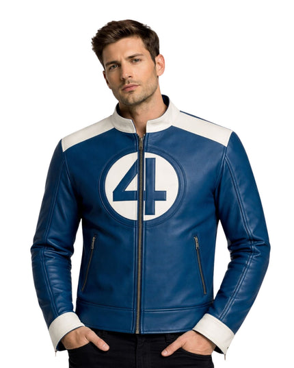 Man wearing a blue leather jacket with a white circle and number 4 on a white background