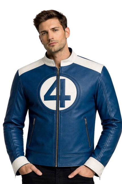 Man wearing a blue leather jacket with a white circle and number 4 on a white background