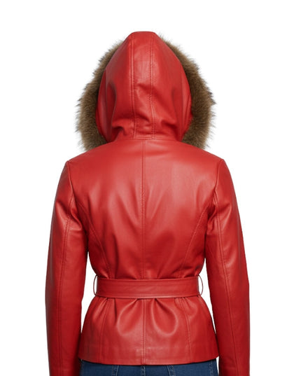Red leather jacket with fur hood on a white background