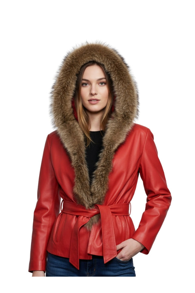 Red leather jacket with fur hood worn by a model on a white background