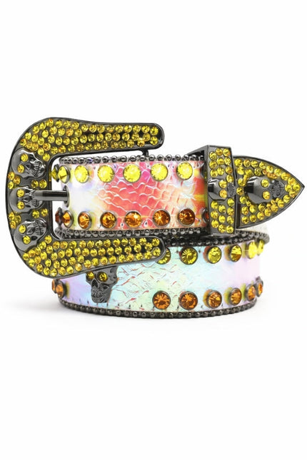 Decorative belt with colorful gemstones on a white background