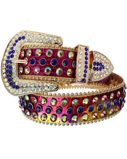 Colorful belt with rhinestone details on a white background